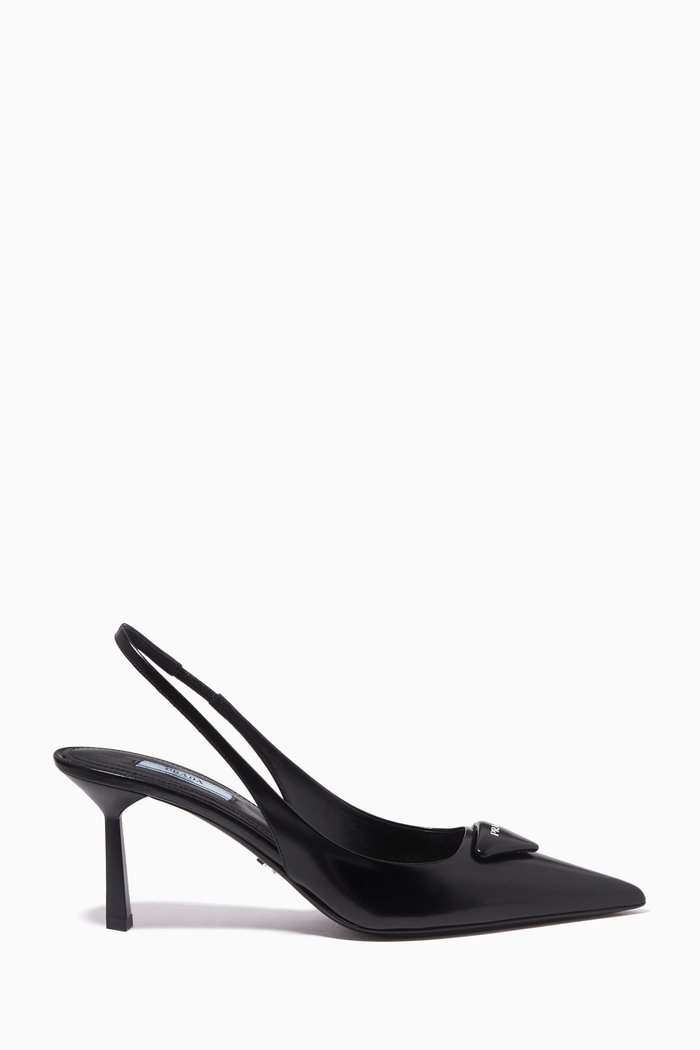 Triangle Logo Slingback 75 Pumps in Brushed Leather, Black