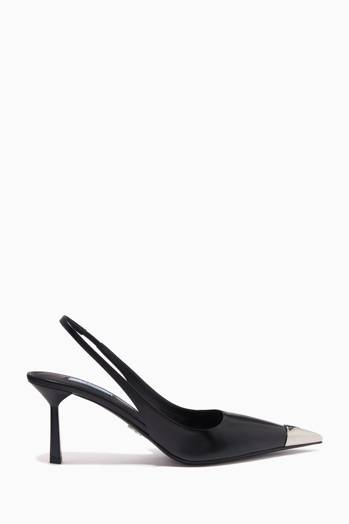 

Metal Triangle Logo Slingback 75 Pumps in Brushed Leather, Black