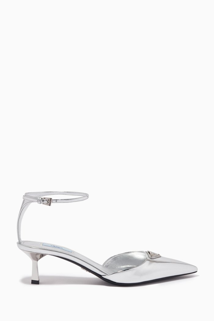

Ankle Strap 55 Pumps in Brushed Leather, Silver