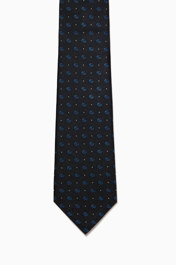 

Double G & Polka Dot Tie in Woven Silk Jacquard, Blue