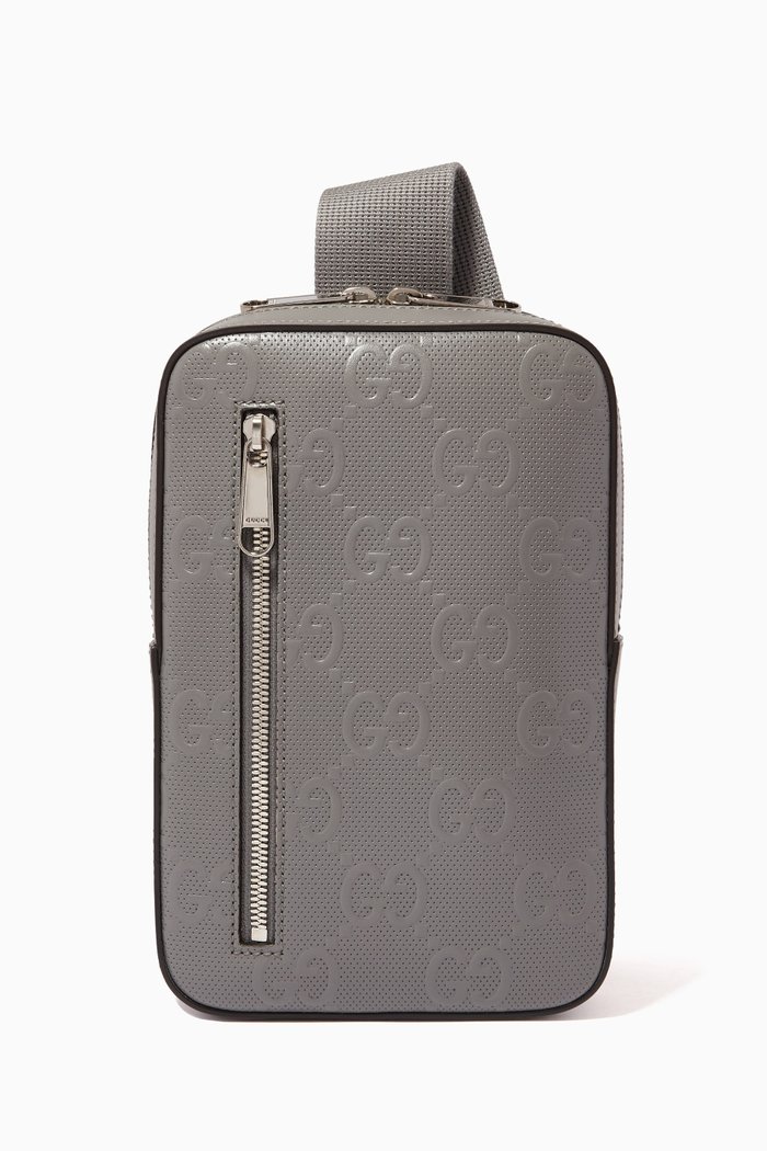 

GG Sling Bag in Embossed Leather, Grey