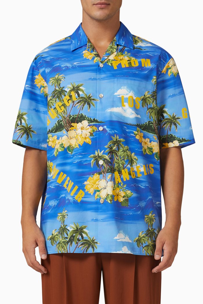 Printed Bowling Shirt in Cotton Poplin, Blue