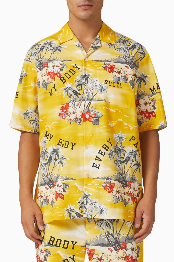 Printed Bowling Shirt in Cotton Poplin, Multicolour
