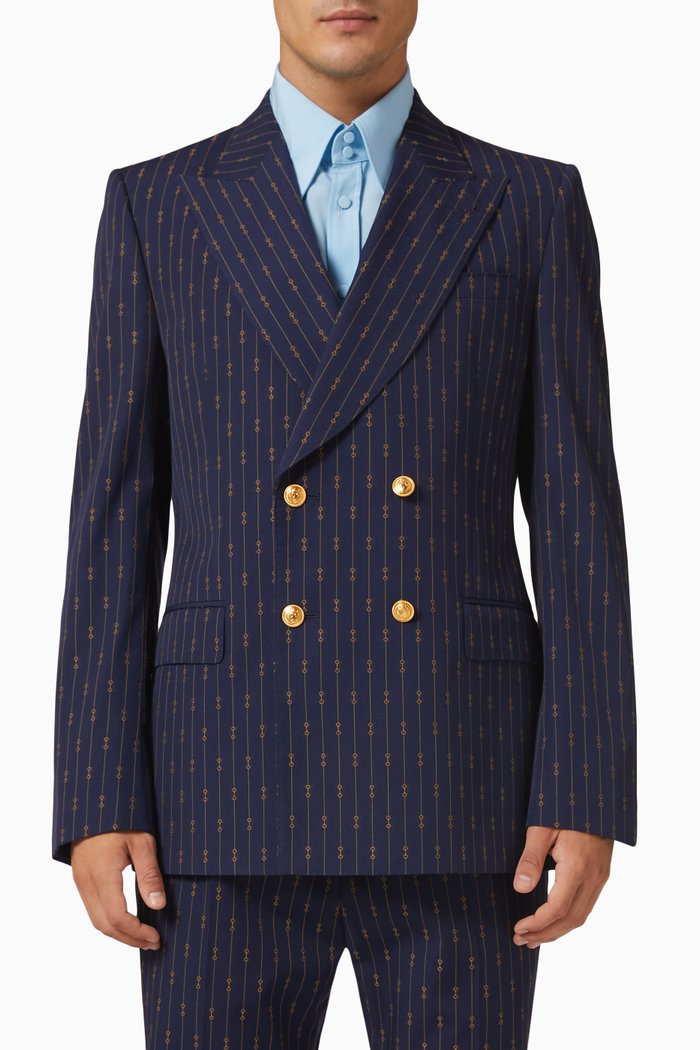 

Horsebit Stripe Double-Breasted Jacket in Wool, Blue