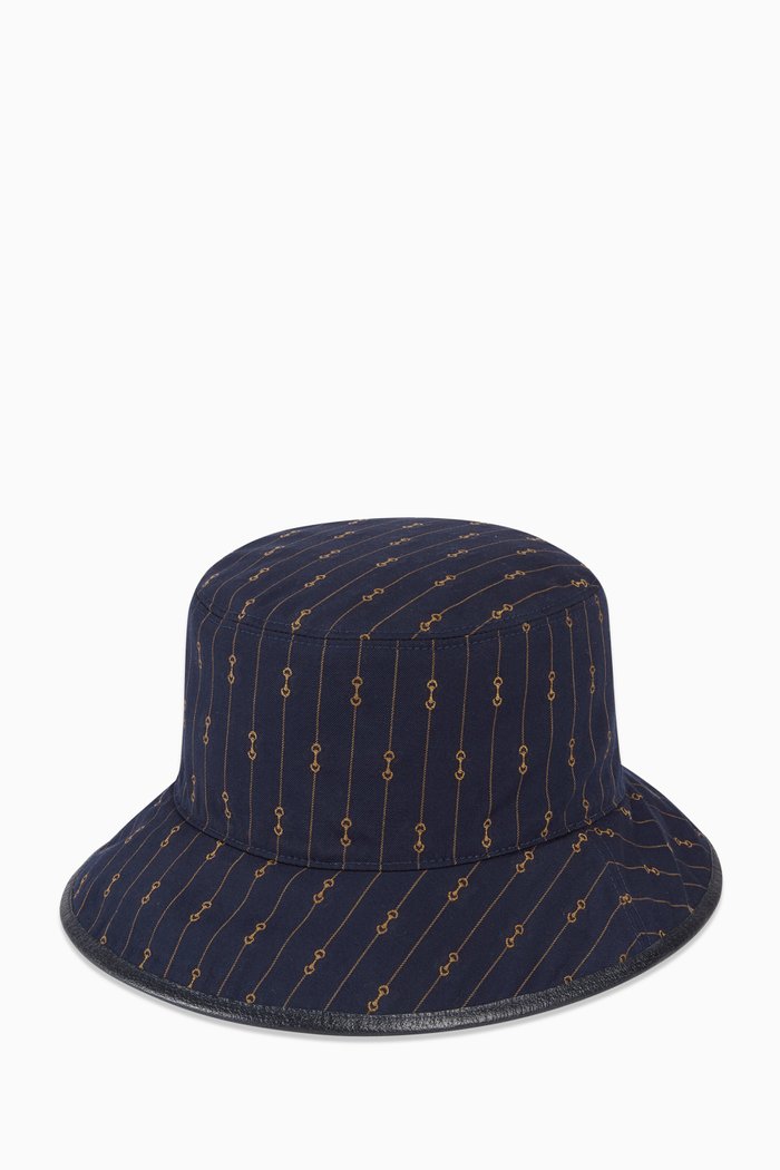 

Reversible Bucket Hat in GG Canvas & Horsebit Striped Wool, Blue
