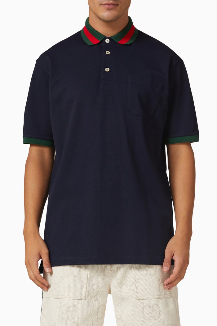 

Web Collar Polo Shirt in Stretch Cotton Piquet, Blue