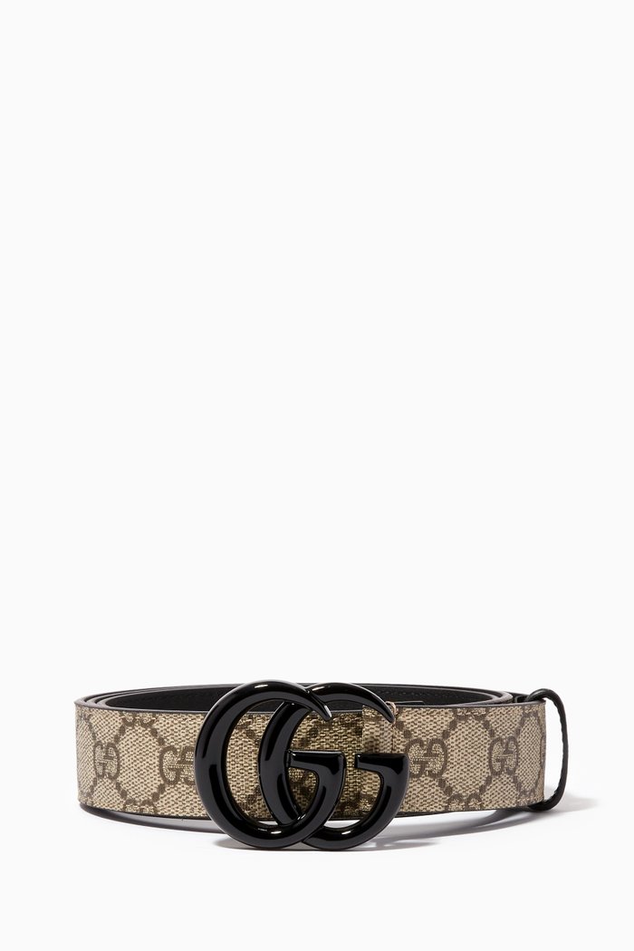 

GG Marmont Thin Belt in Leather & Canvas, Neutral