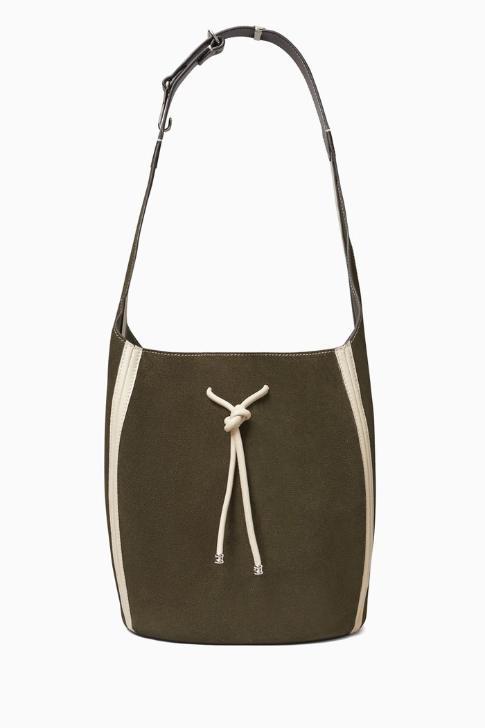 

Spaghetti Strap Large Bucket Bag in Suede, Green