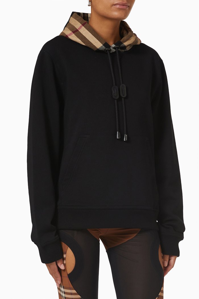 

Check Hood Oversized Hoodie in Cotton, Black