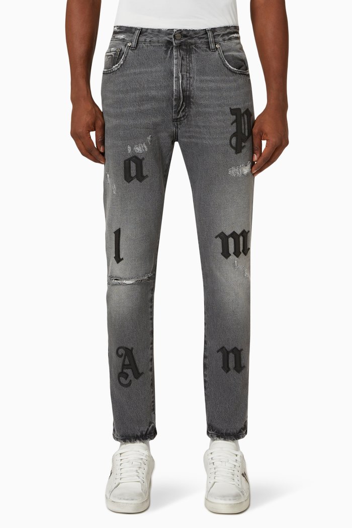 

Logo Patch Distressed Straight-leg Jeans in Denim, Grey