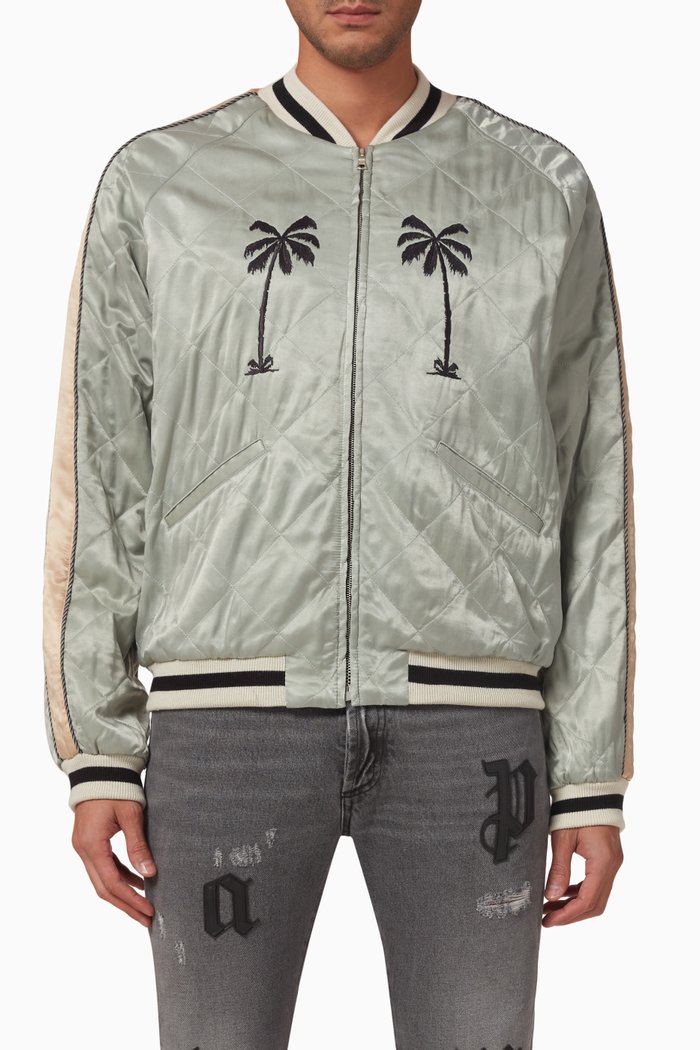 

'Life is Palm Souvenir' Quilted Bomber Jacket, Grey