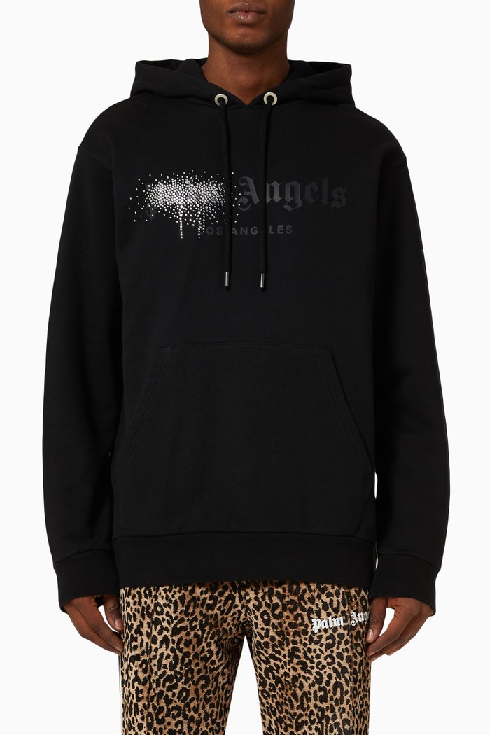 

Rhinestone Sprayed Logo Hoodie in Cotton Terry, Black