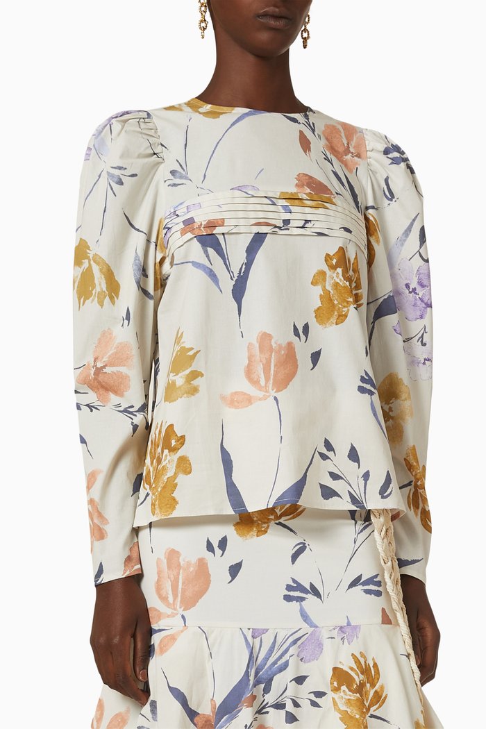 

Miranda Floral Print Top in Cotton, Neutral