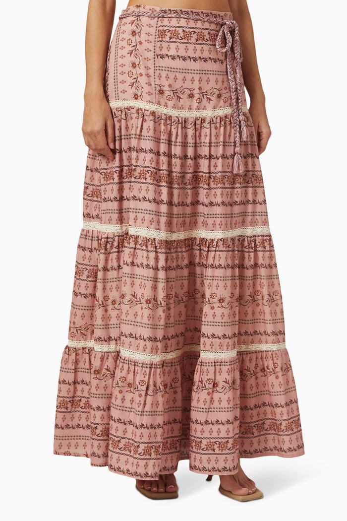 

Cyrene High-waist Tiered Maxi Skirt in Linen, Pink