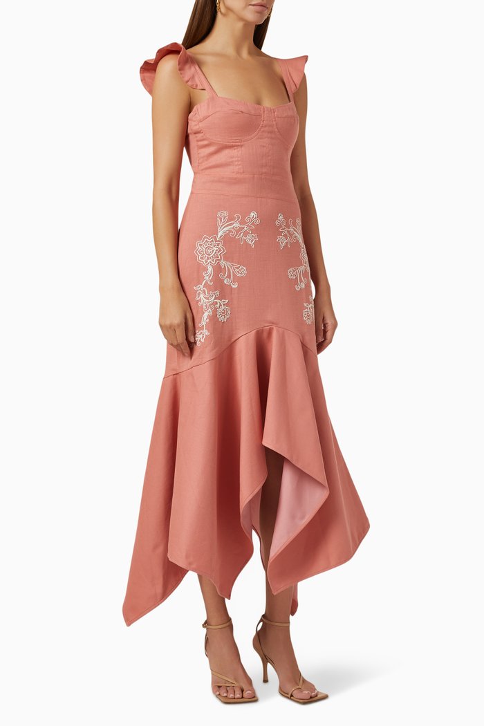 

Meryl Hanky Hem Midi Dress in Linen, Orange