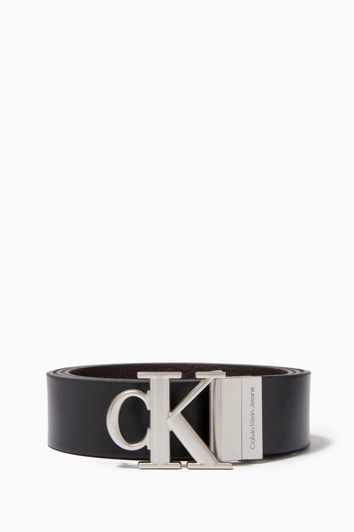 

CK Monogram Plaque Reversible Belt in Leather, Black