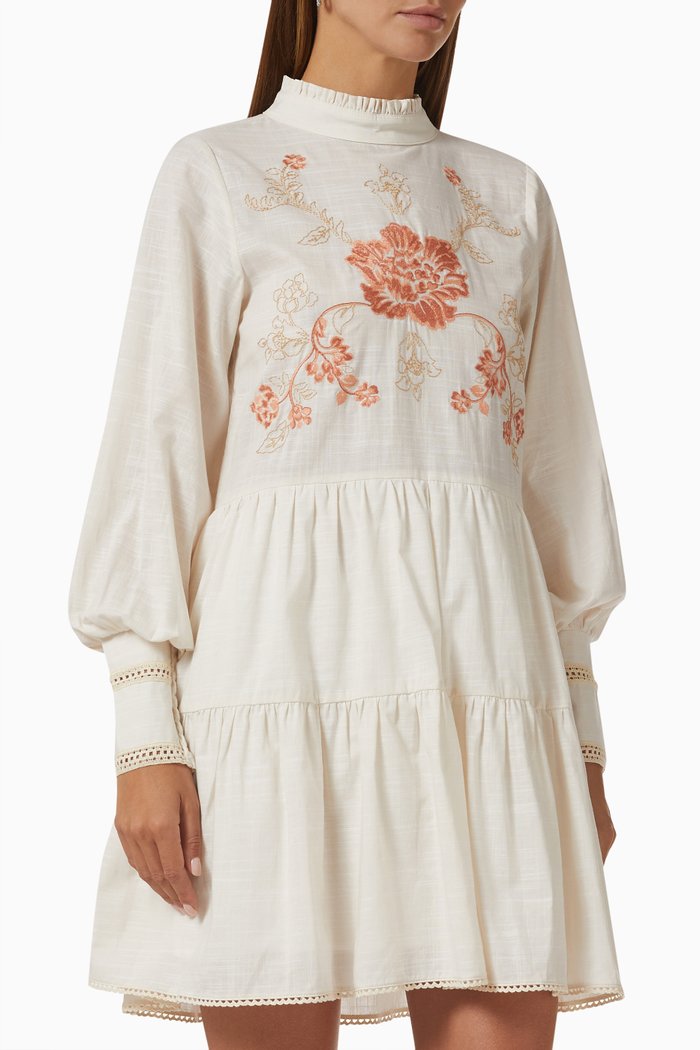 

Pissarro Embroidered Mini Dress in Cotton, Neutral