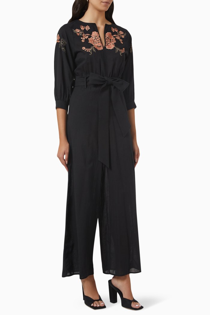 Robin Floral-embroidered Jumpsuit in Cotton, Black