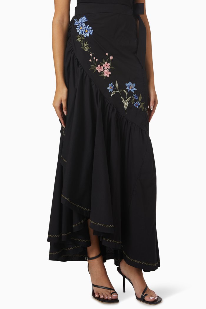 

Cereus Embroidered Maxi Skirt in Cotton, Black