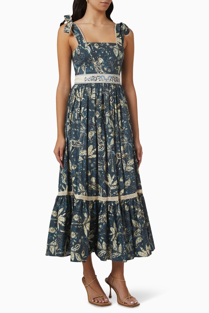 Egeus Floral-print Crochet-trim Midi Dress in Cotton, Blue