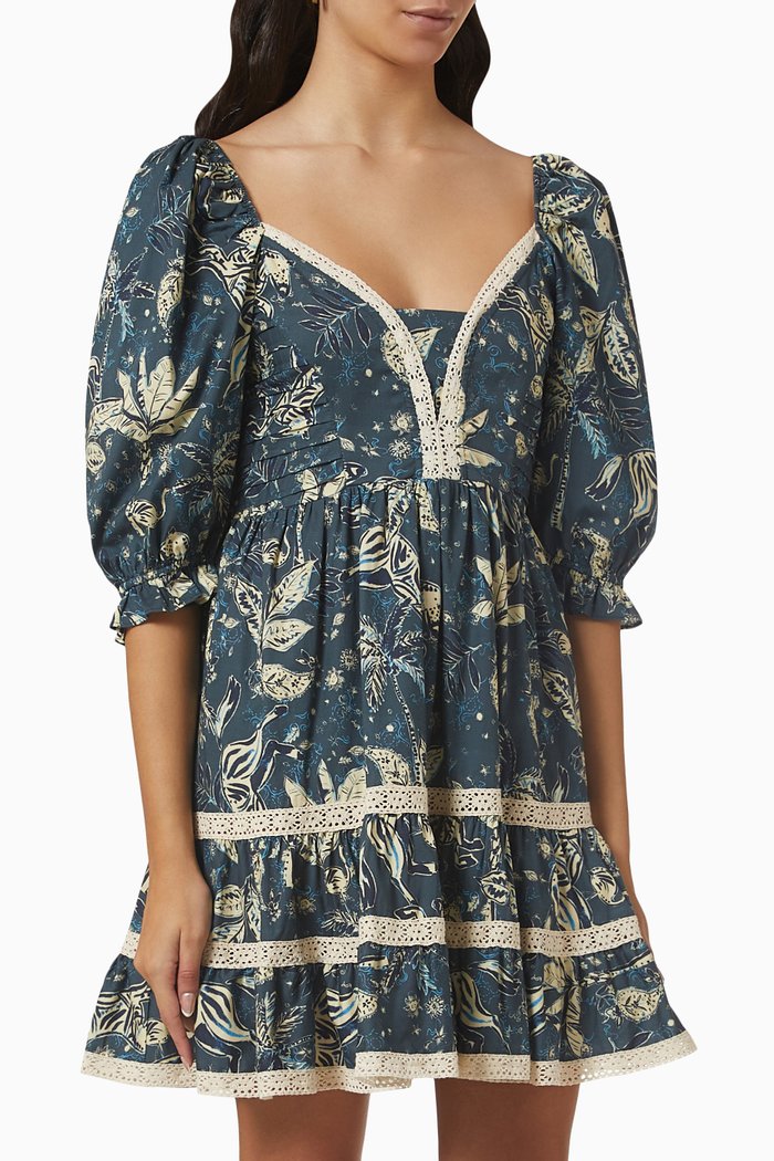 

Titania Floral-print Crochet-trim Mini Dress in Cotton, Blue