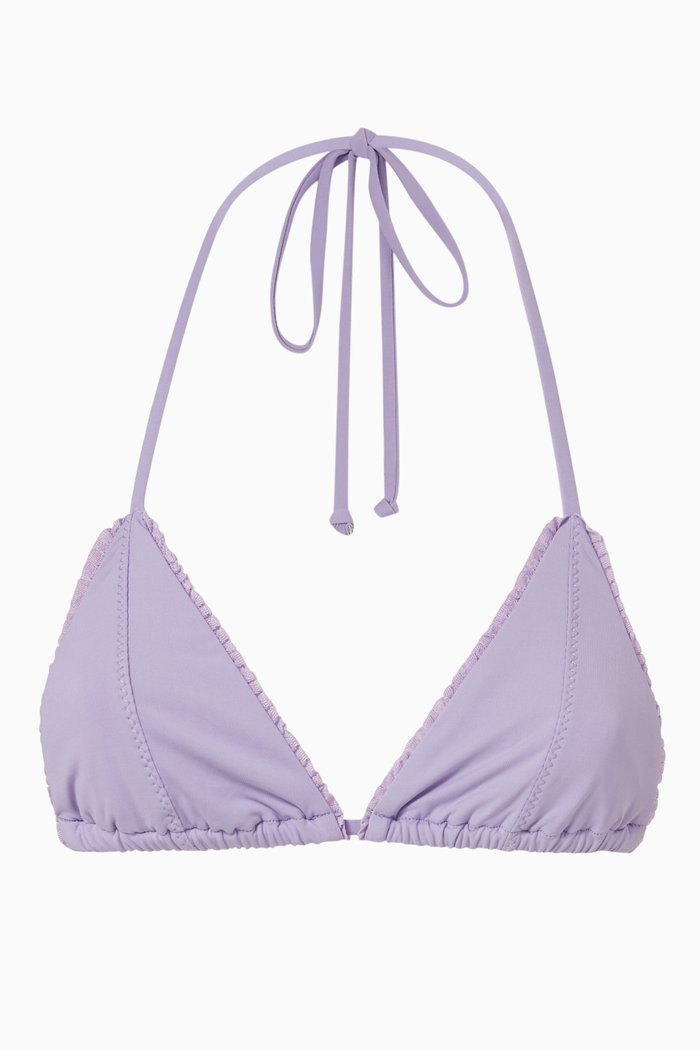 Nick Ruffle String Bikini Top in Stretch Nylon, Purple