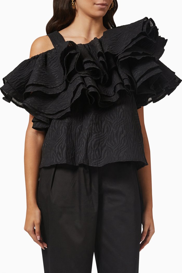 

Ruffled One-shoulder Top, Black