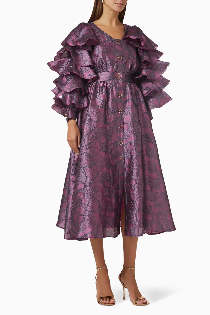 

Ruby Ruffled Midi Dress in Jacquard, Purple