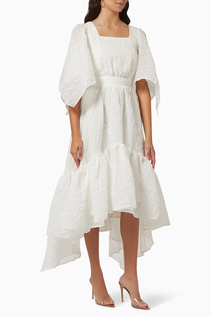 Cape-sleeved Midi Dress, White