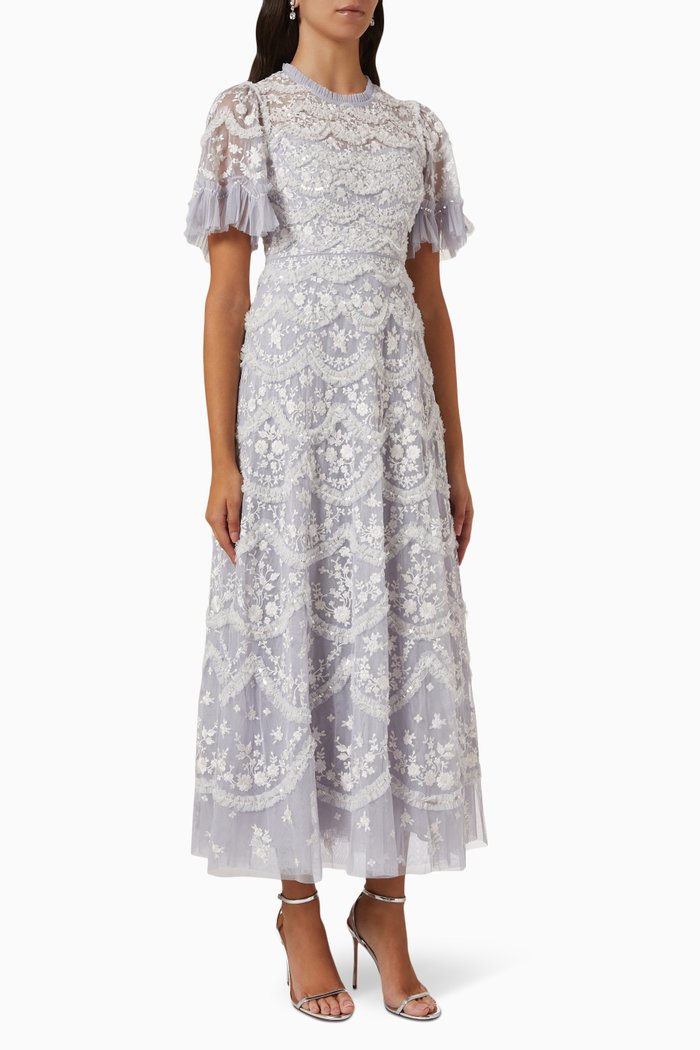 

Lily Bloom Ankle Gown in Tulle Mesh, Blue