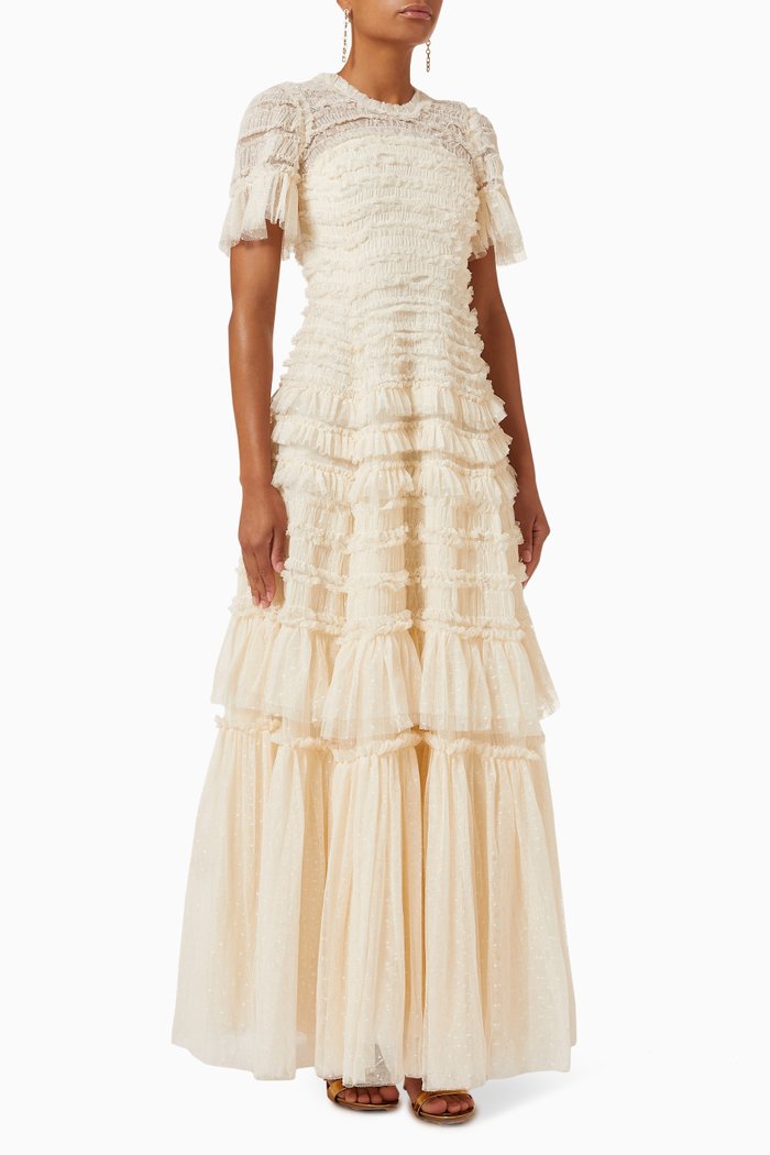 

Valentine Ruffle Gown in Tulle Mesh, Neutral