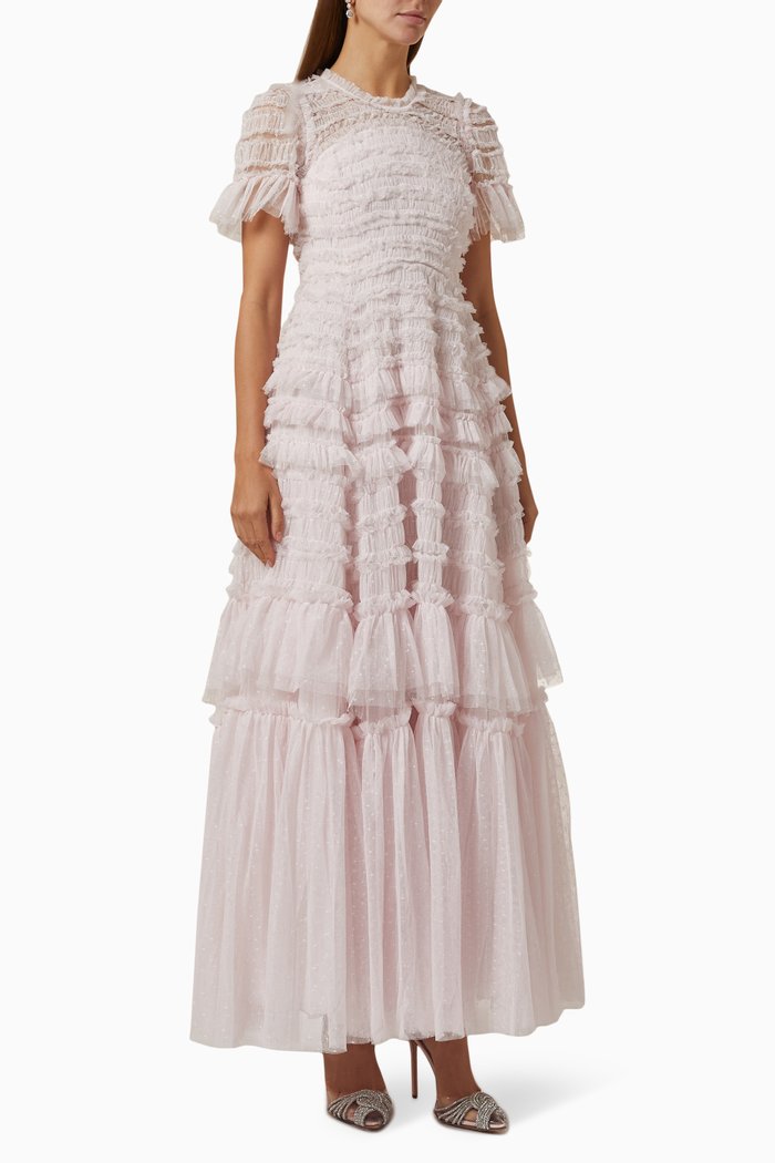 

Valentine Ruffle Gown in Tulle Mesh, Pink