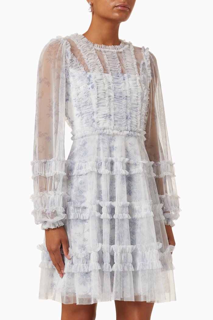 

Rambling Roses Micro Mini Dress in Tulle Mesh, Blue
