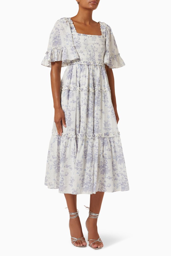 

Rambling Roses Smocked Midaxi Dress in Cotton, Blue
