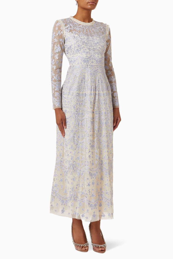 Ribbon Ankle Gown in Embroidered Lace, Blue