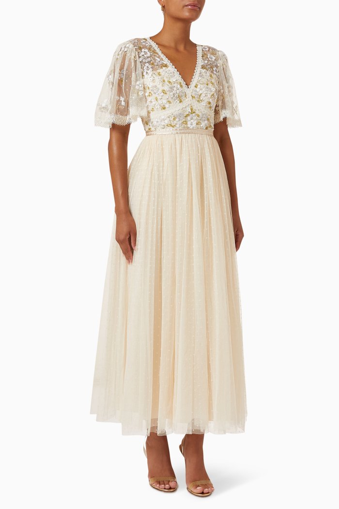 

Shimmer Primrose Bodice Ankle Gown in Tulle, Neutral