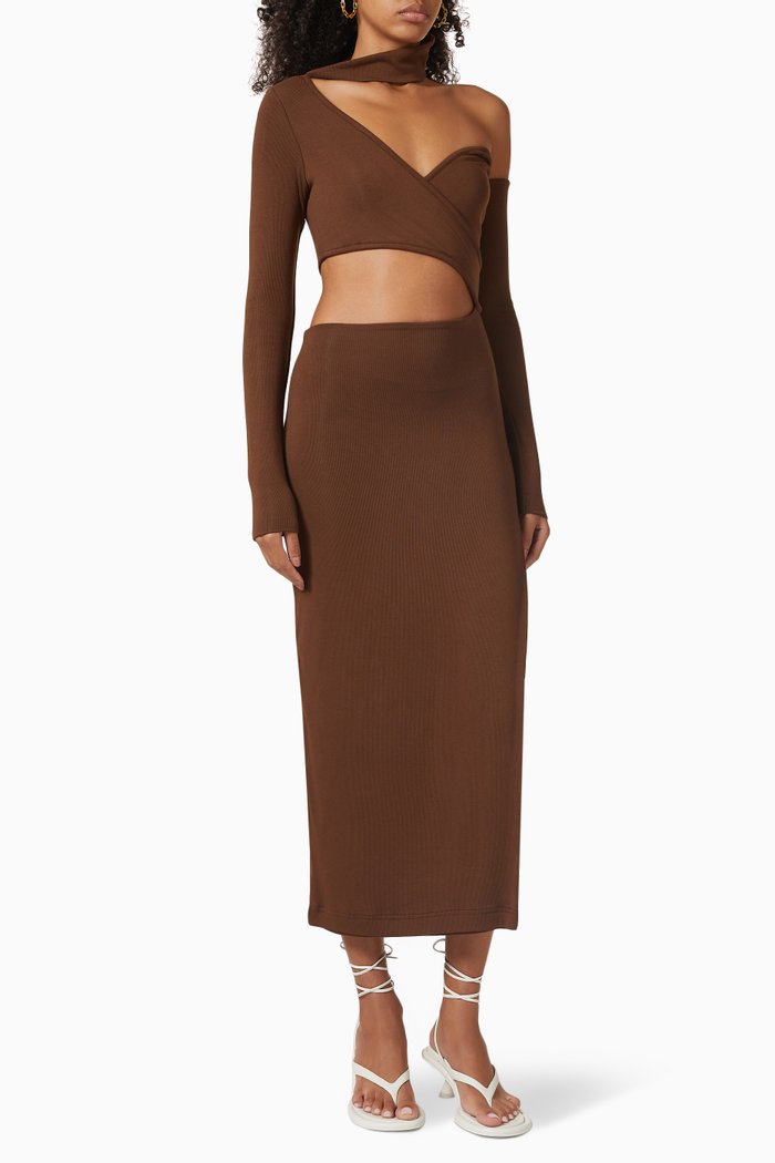 

Slanted One-shoulder Midi Dress in Stretch-viscose, Brown
