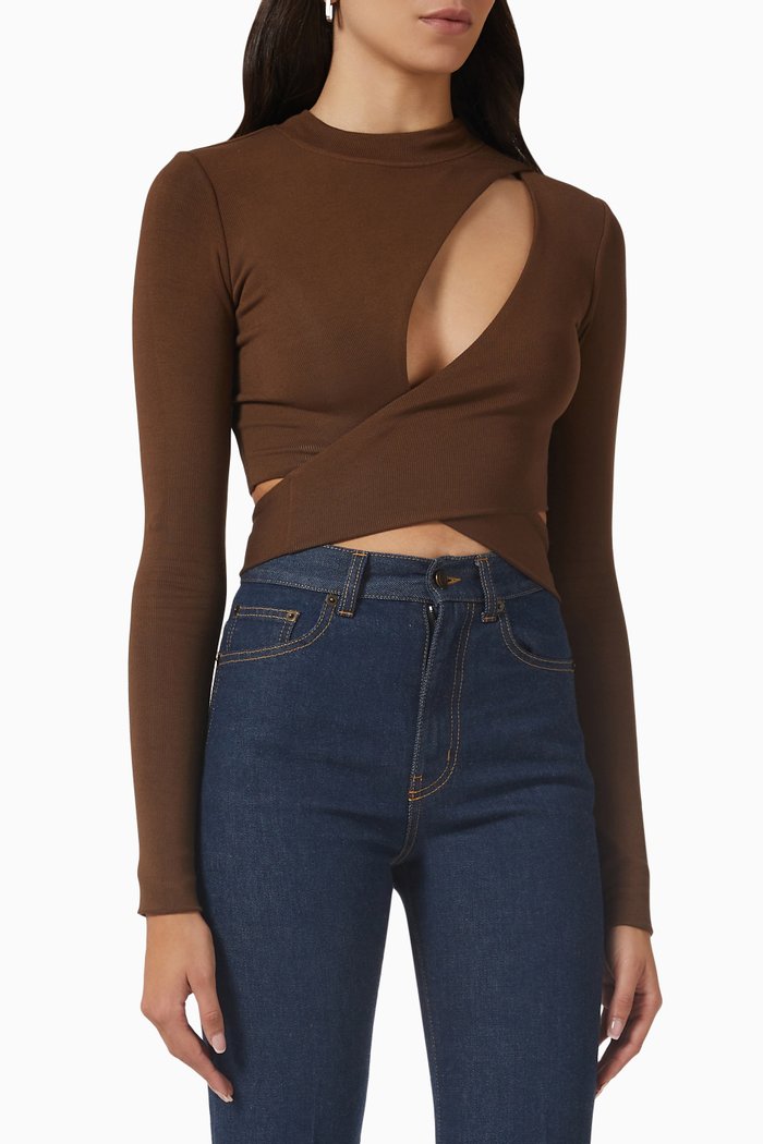 Cut-out Tie Crop Top in Stretch-viscose, Brown