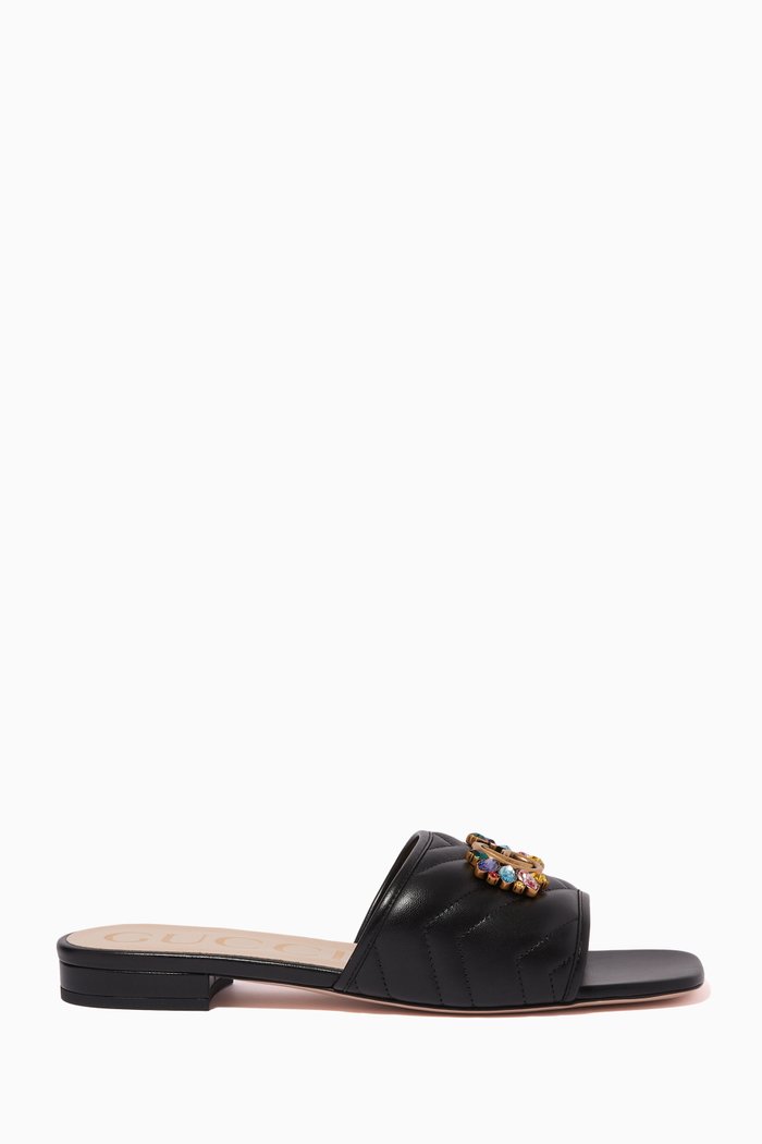 Double G Slide Sandals in Chevron Matelassé Leather, Black