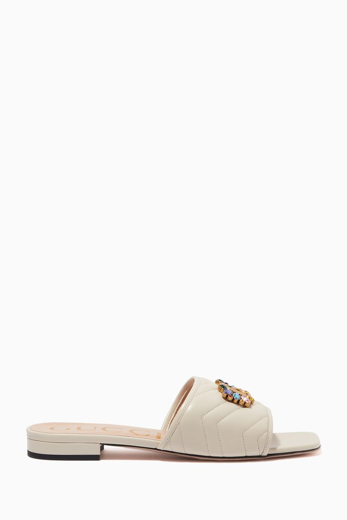 

Double G Slide Sandals in Chevron Matelassé Leather, White