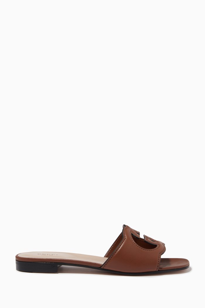 GG Cut-out Flat Slides in Leather, Brown