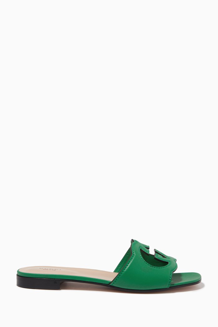 

GG Cut-out Flat Slides in Leather, Green