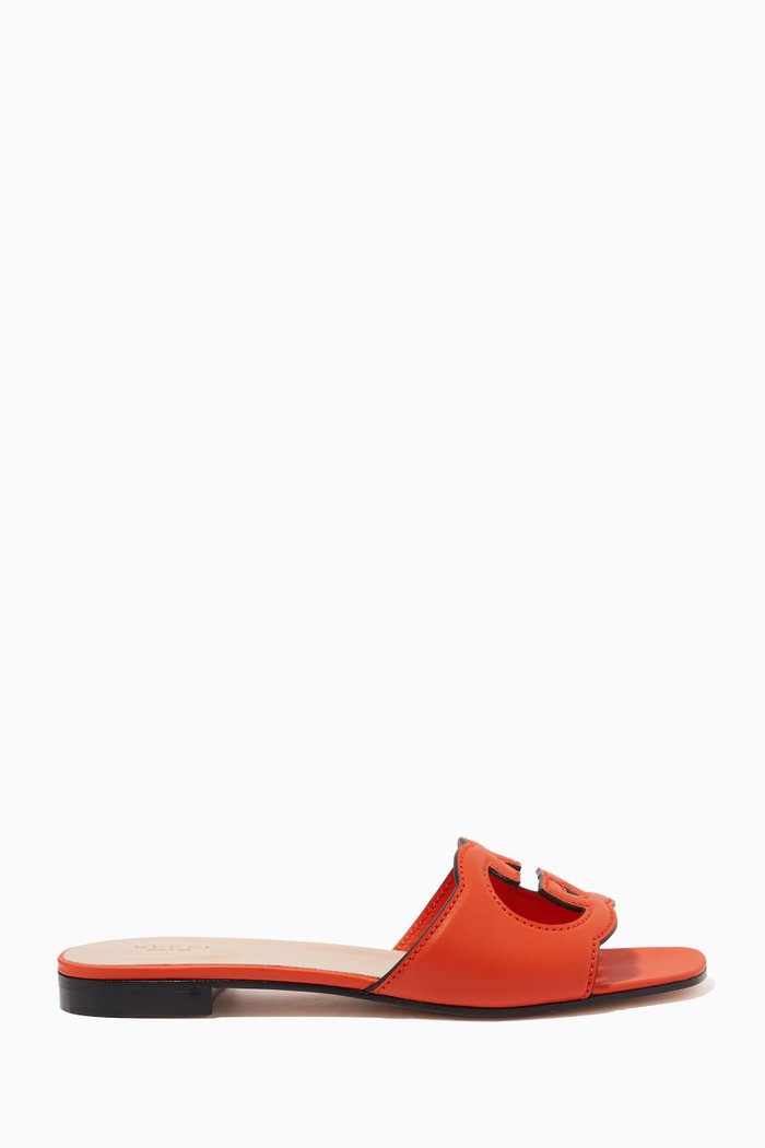 

GG Cut-out Flat Slides in Leather, Orange