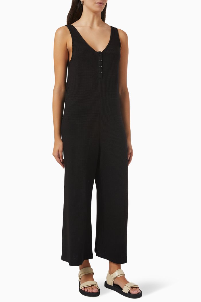 

Wide Leg Jumpsuit in Waffle Knit, Black