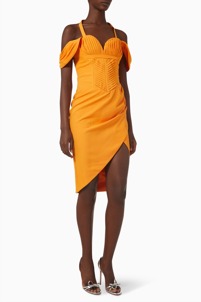 

Pleated Bardot Wrap Midi Dress, Orange