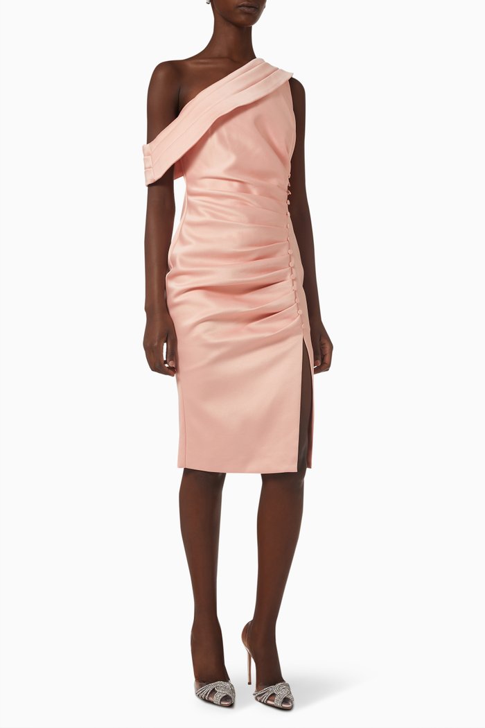 

One-shoulder Ruched Midi Dress in Bonded-satin, Orange