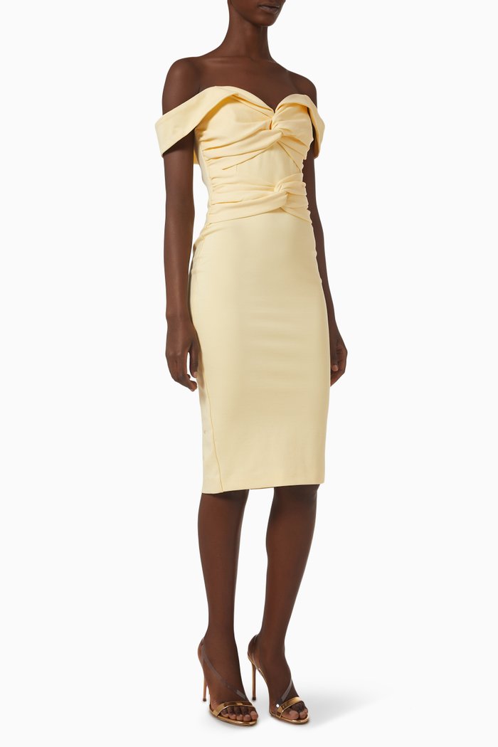 

Off-shoulder Twist Midi Dress in Ponte, Neutral