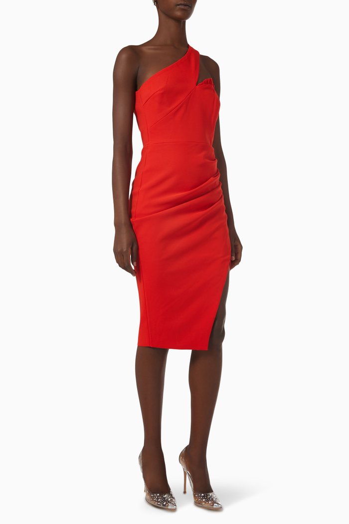 

One-shoulder Ruffle Midi Dress, Red
