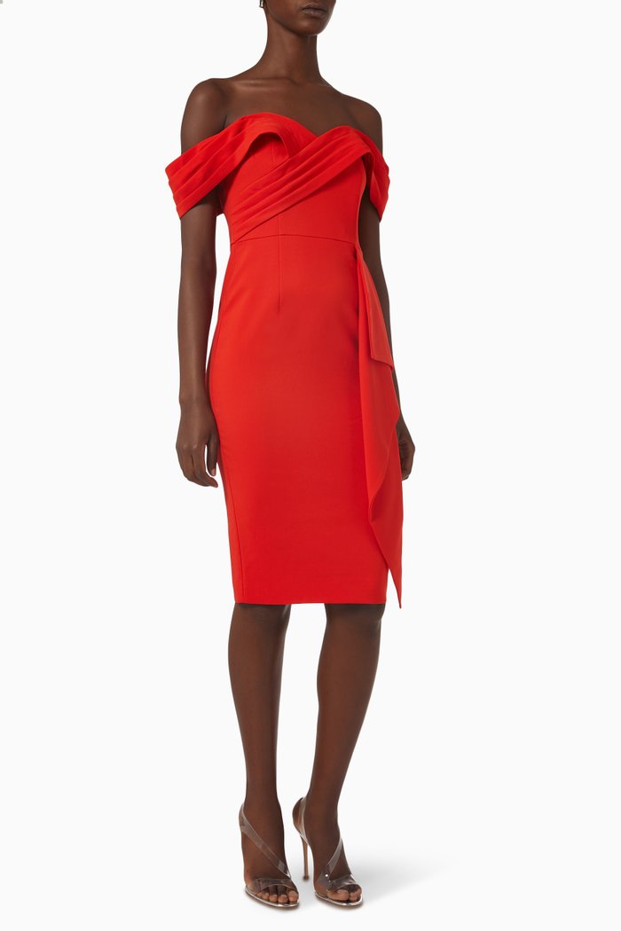 

Pleated Bardot Midi Dress, Red