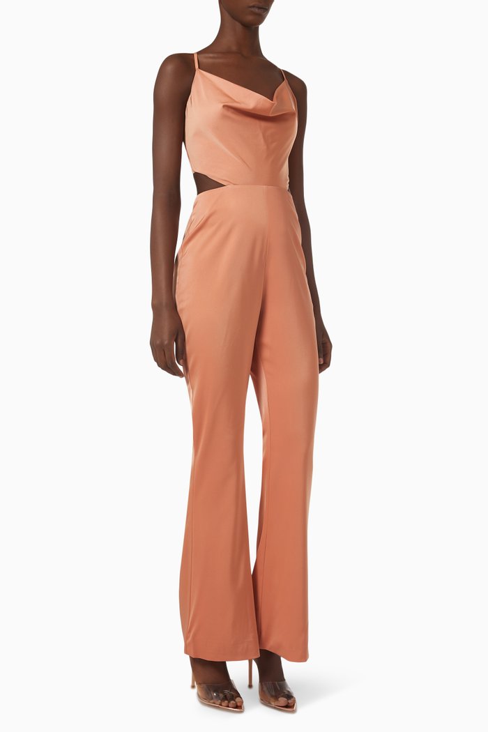 

Cut-out Cowl-neck Jumpsuit in Satin, Orange